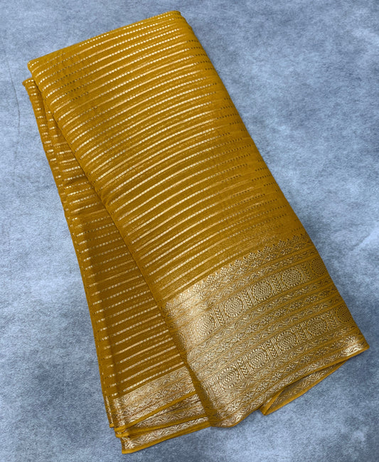 Georgette Saree Mustard Colour with Sliver Floral Design Border