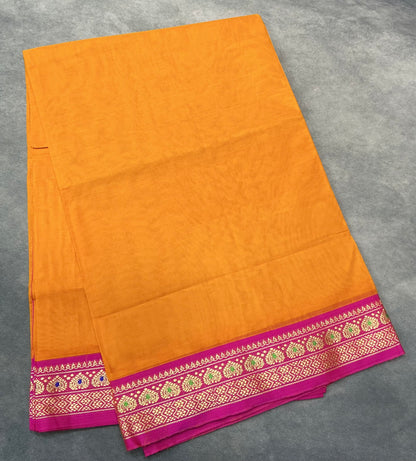 Chettinad Cotton Saree Mango Yellow Colour with Pink Colour with Thread Work Border