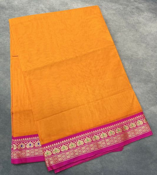 Chettinad Cotton Saree Mango Yellow Colour with Pink Colour with Thread Work Border