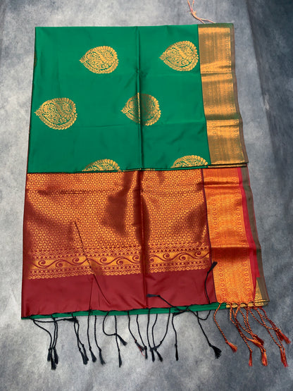 Soft Vegan Silk Saree Green Colour with Maroon and Copper Border