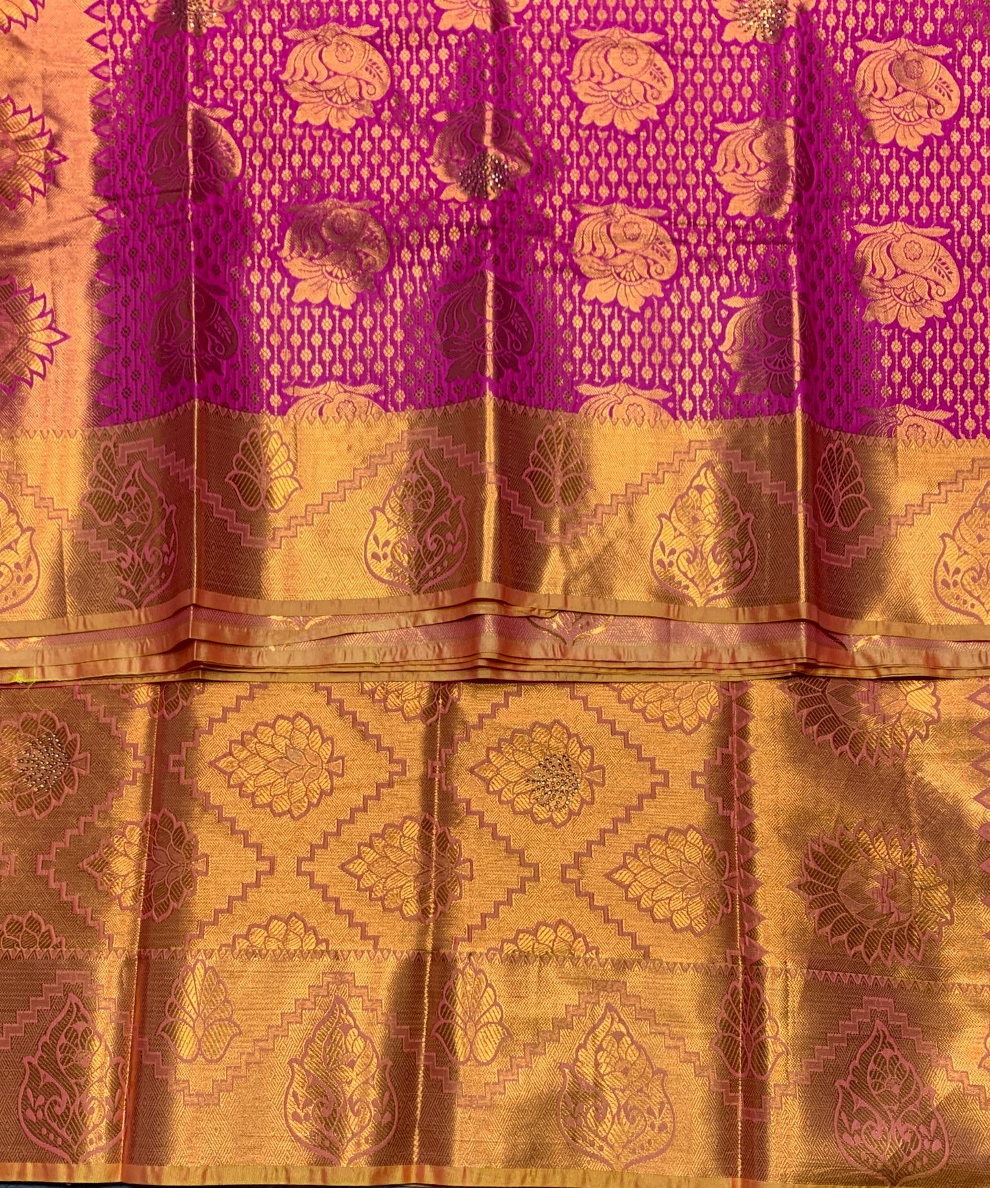 Vegan Silk Saree Pink Colour with Copper and Golden Yellow Border