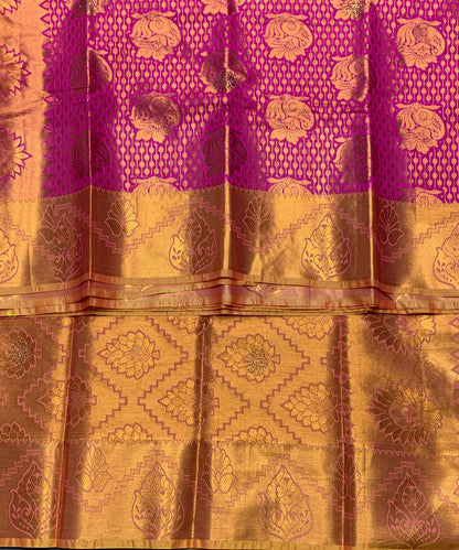 Vegan Silk Saree Pink Colour with Copper and Golden Yellow Border