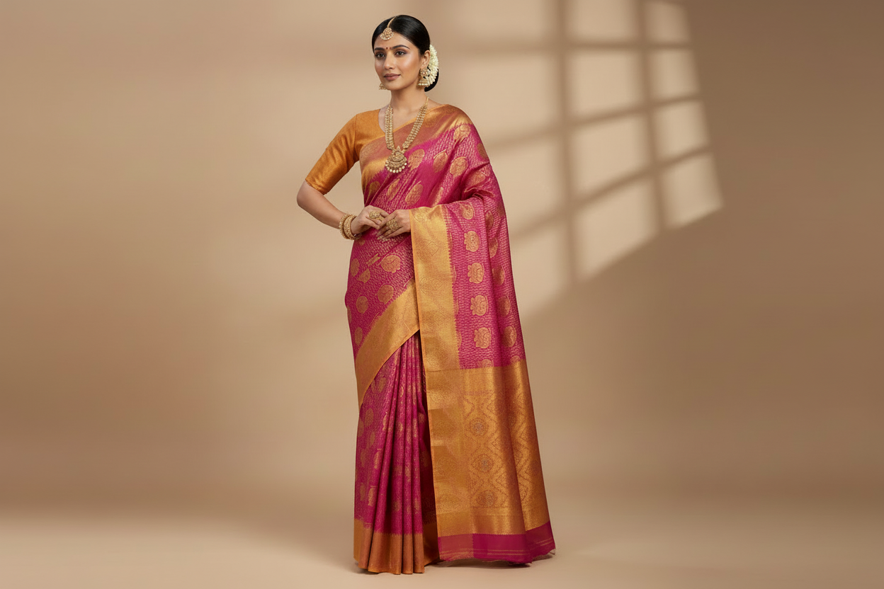 Vegan Silk Saree Pink Colour with Copper and Golden Yellow Border