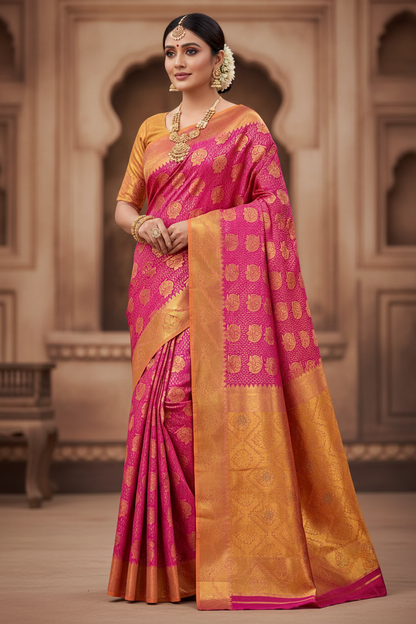 Vegan Silk Saree Pink Colour with Copper and Golden Yellow Border