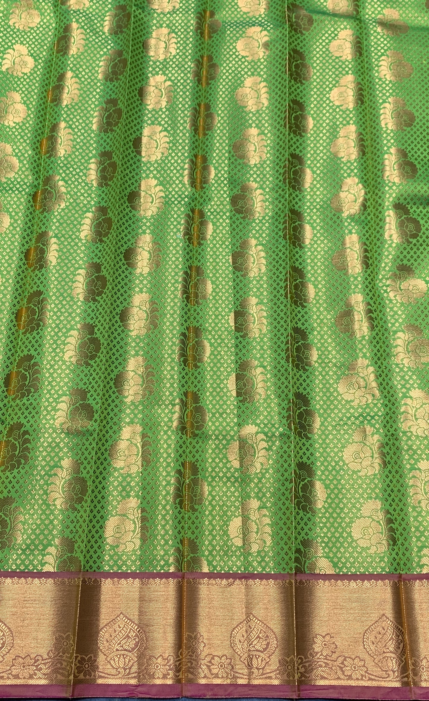 Vegan Silk Saree Apple Green Colour with Pink and Copper Border