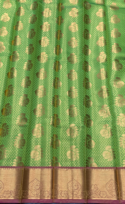 Vegan Silk Saree Apple Green Colour with Pink and Copper Border