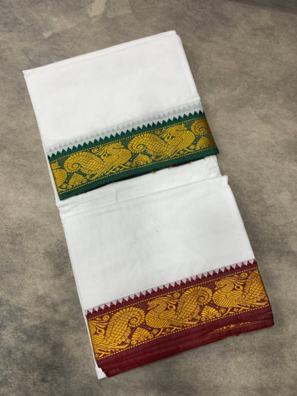 9X6 Cotton Dhoti White Colour with Green and Maroon Border with Angavastram