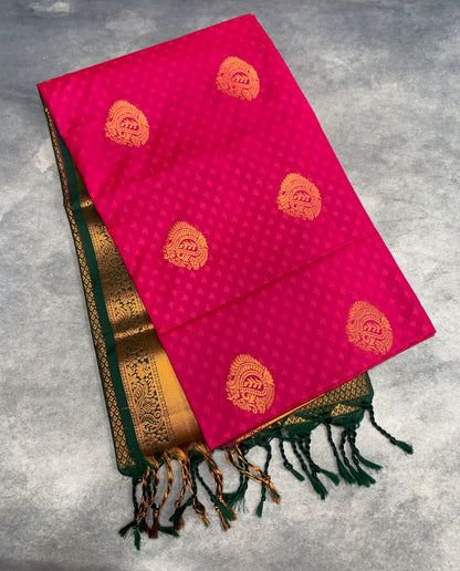 Soft Vegan Silk Saree Tomato Pink Colour with Green and Copper Border