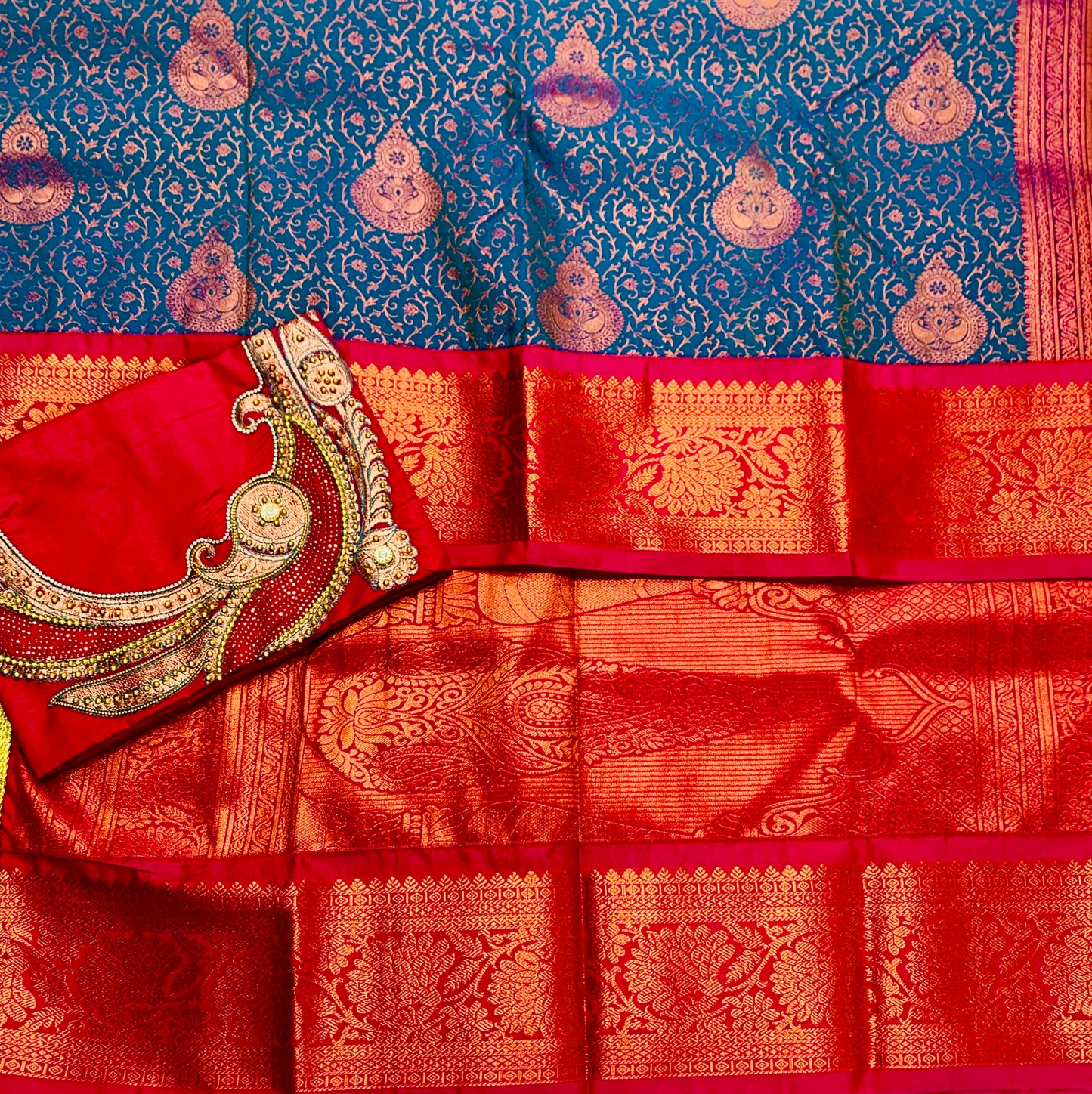 Bridal Vegan Silk Saree Blue shade with Pink Border with Unstitched blouse in Aari work