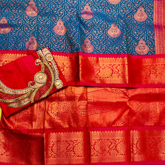 Bridal Vegan Silk Saree Blue shade with Pink Border with Unstitched blouse in Aari work