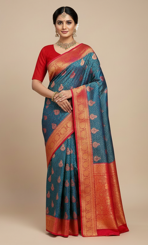 Bridal Vegan Silk Saree Blue shade with Pink Border with Unstitched blouse in Aari work