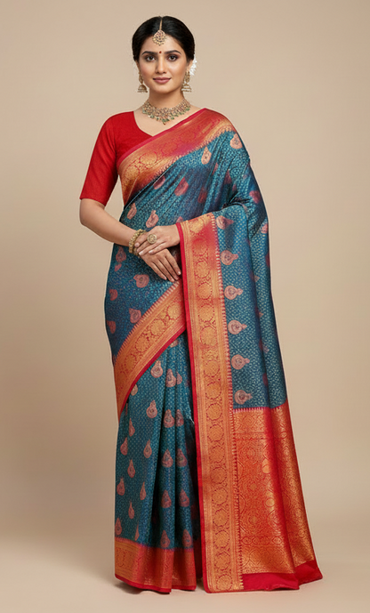 Bridal Vegan Silk Saree Blue shade with Pink Border with Unstitched blouse in Aari work