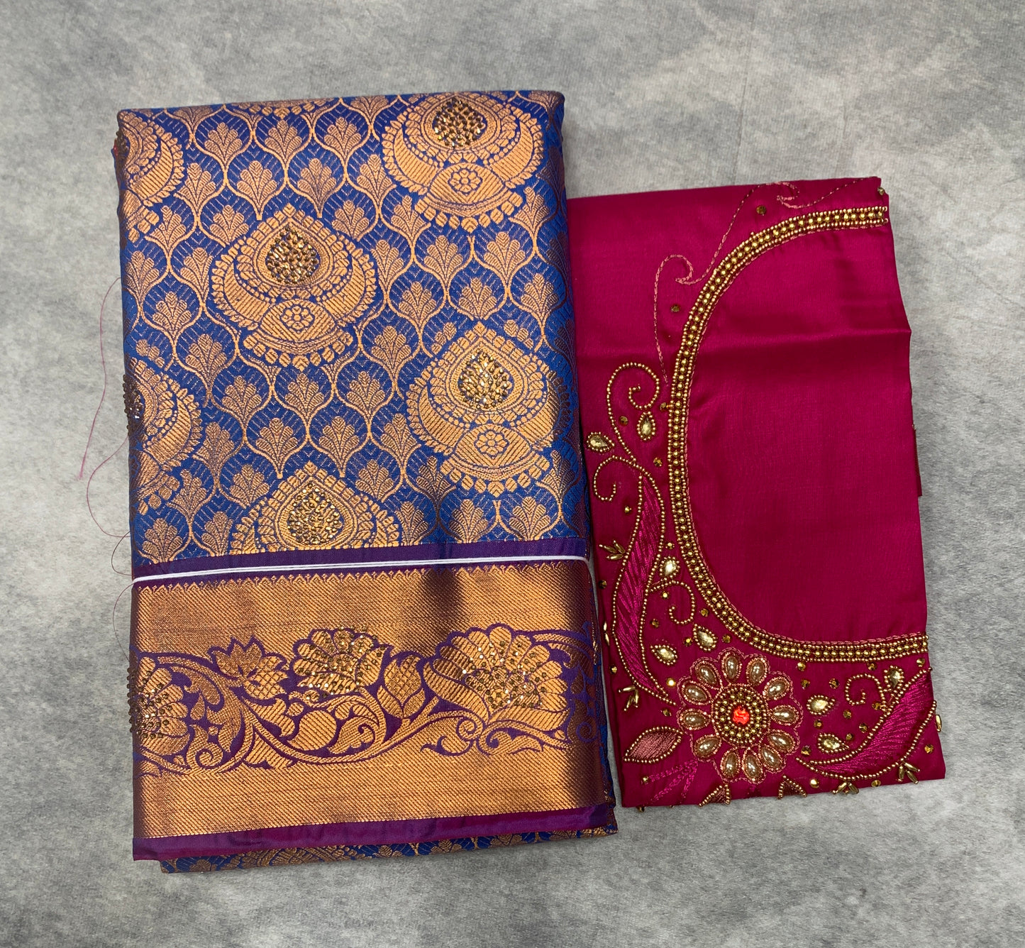 Bridal Vegan Silk Saree Blue shade with Pink Border with Unstitched blouse in Aari Work