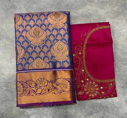 Bridal Vegan Silk Saree Blue shade with Pink Border with Unstitched blouse in Aari Work