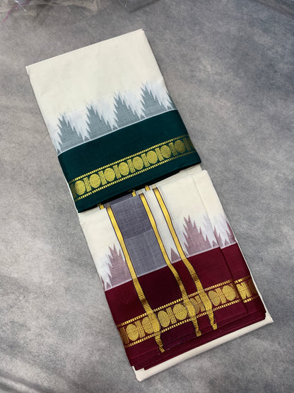 9X5 Korvai Cotton Dhoti Half White Colour Green and Maroon Border