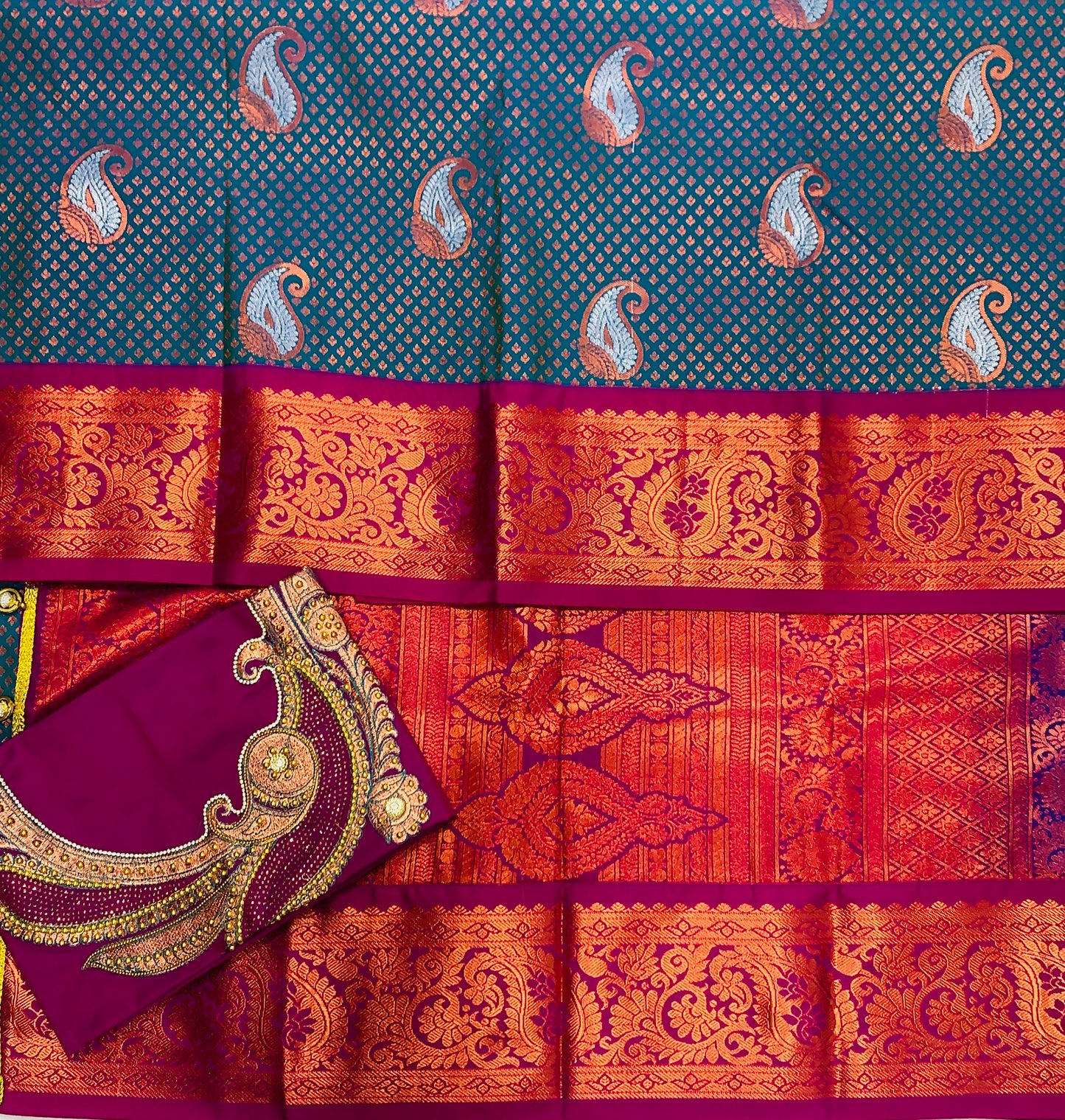 Bridal Vegan Silk Saree Rama Blue shade with Pink Border with Unstitched blouse in Aari work