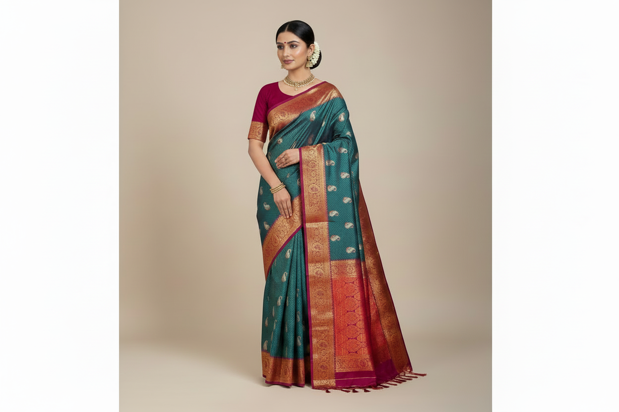 Bridal Vegan Silk Saree Rama Blue shade with Pink Border with Unstitched blouse in Aari work