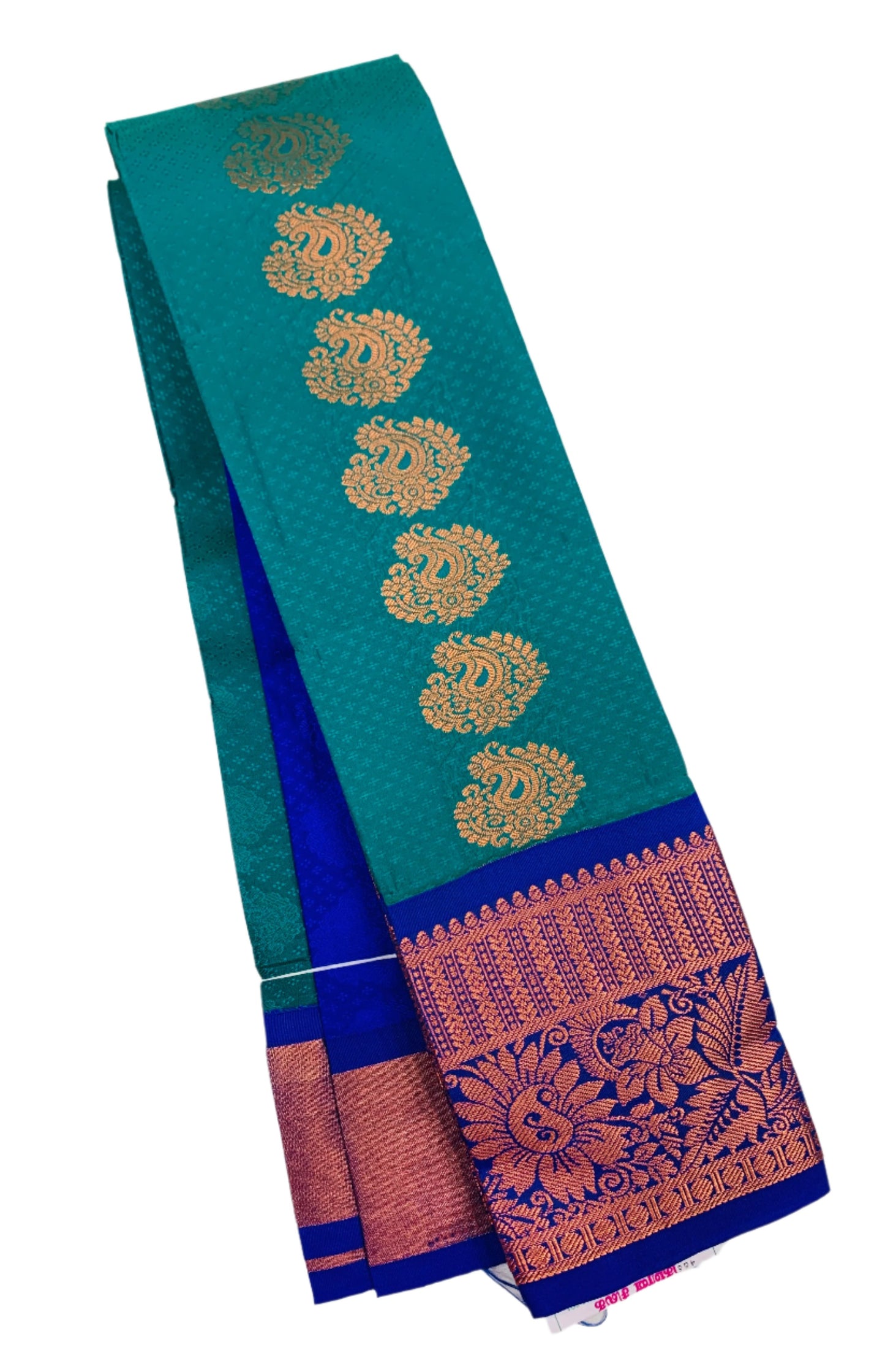 Vegan Silk Saree Rama Blue Colour with Copper and Blue Border