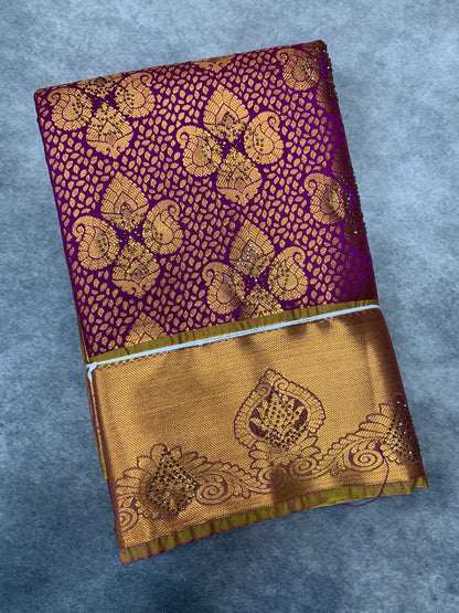 Vegan Silk Saree Magenta Colour with Copper and Golden Yellow Border