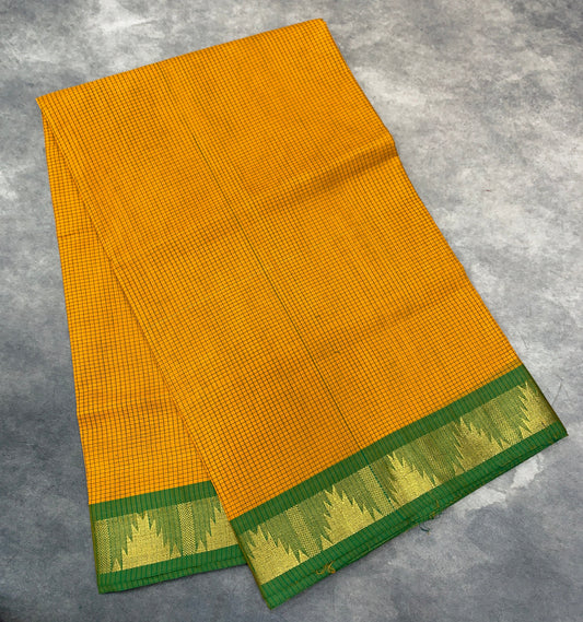 9 yards Cotton Saree Mustard Colour with Light Green and Temple Border