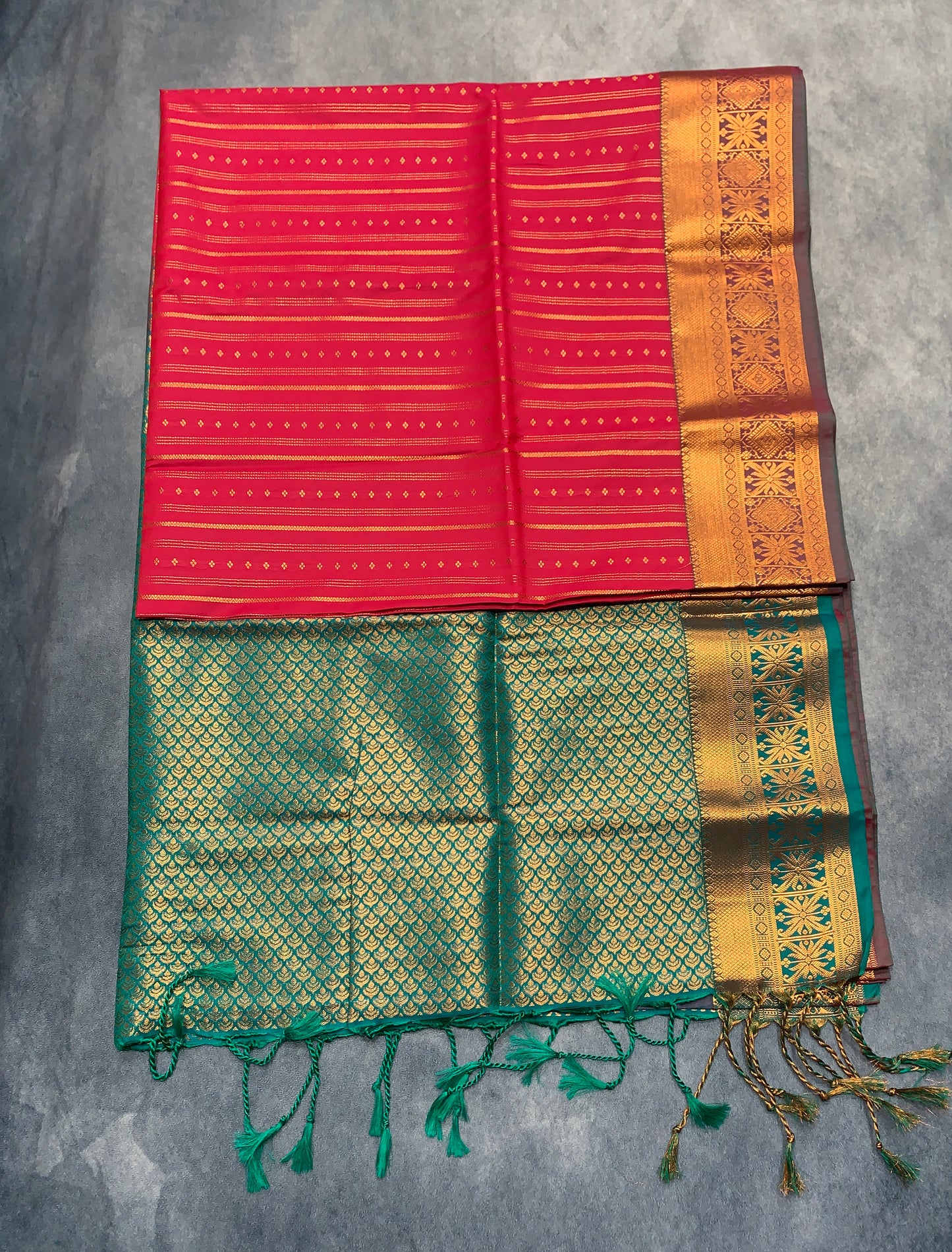 Soft Vegan Silk Saree Pink Colour with Rama Green and Copper Border