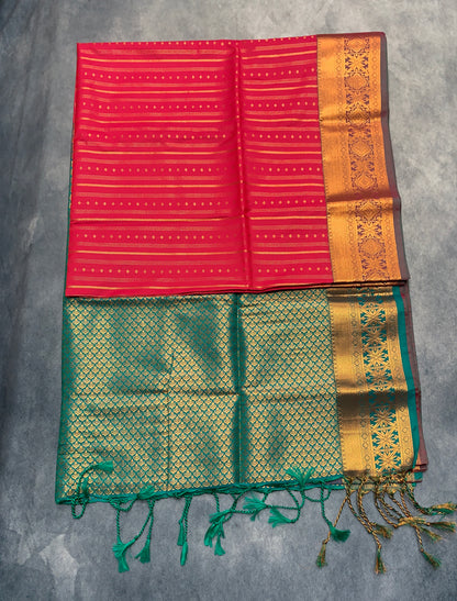 Soft Vegan Silk Saree Pink Colour with Rama Green and Copper Border