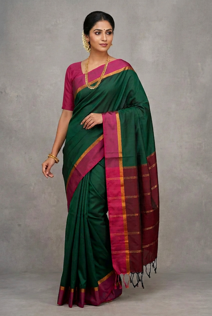 Art Silk Saree Green Colour with Magenta and Copper Border