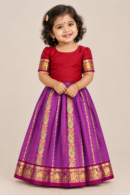 Goldish Pink Shade Semi Silk Kids Pattu Pavadai with Contrast border for Age 2 to 5 Years