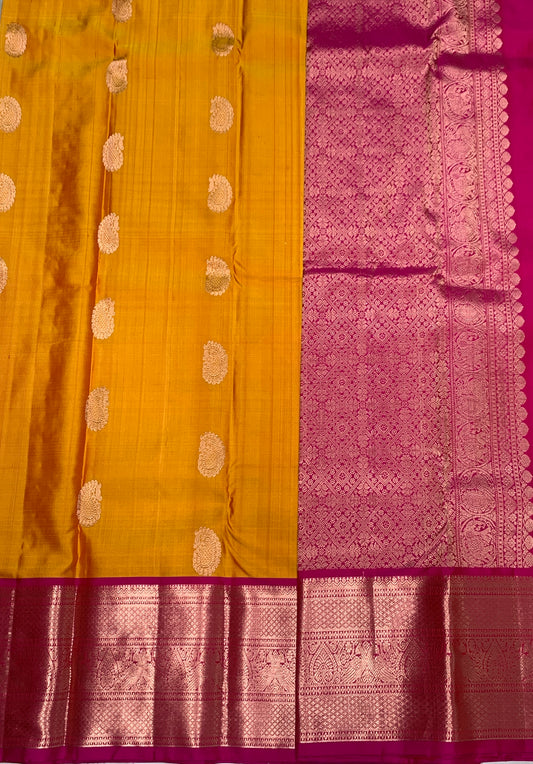 Pure Kanchipuram Silk Saree Golden Yellow Colour with Pink Border