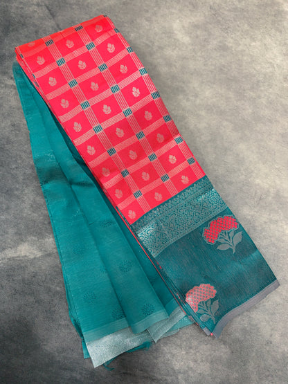 Art Silk Saree Tomato Red Colour with Rama Blue Colour Border