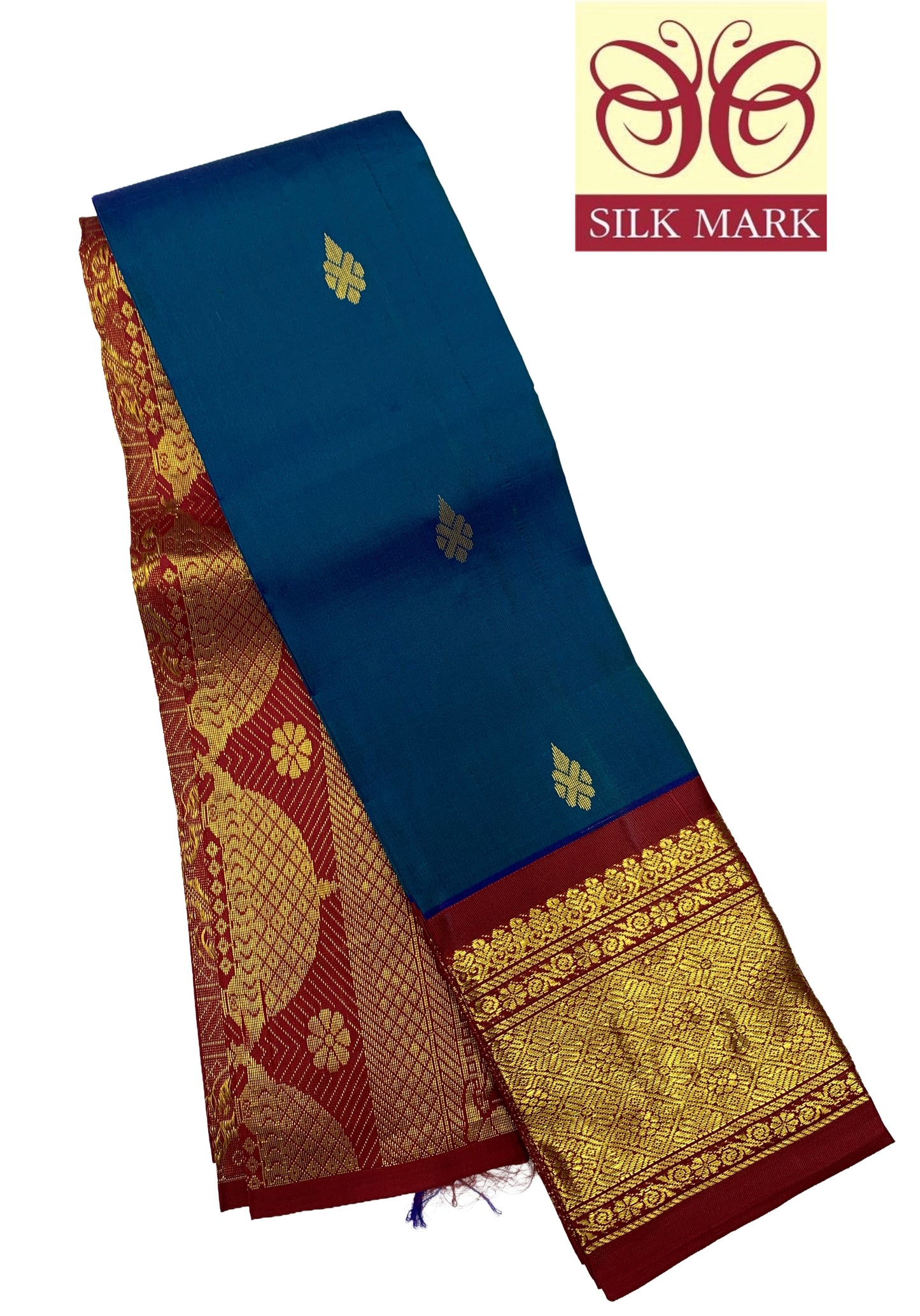 Pure Kanchipuram Silk Saree Blue Colour with Maroon and Gold Zari Border