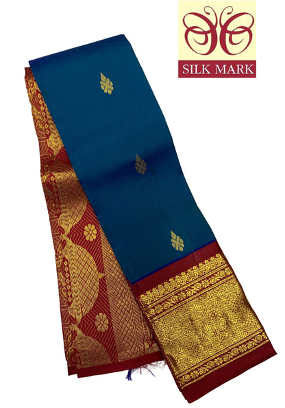 Pure Kanchipuram Silk Saree Blue Colour with Maroon and Gold Zari Border