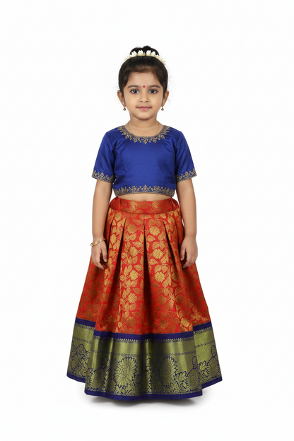 Red Shade Vegan Silk Kids Pattu Pavadai with Contrast Border for age 2 to 5