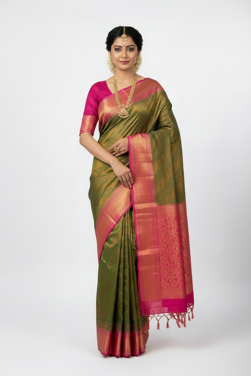 Soft Silk Saree Green Colour and Stone Work with Pink Colour Pallu