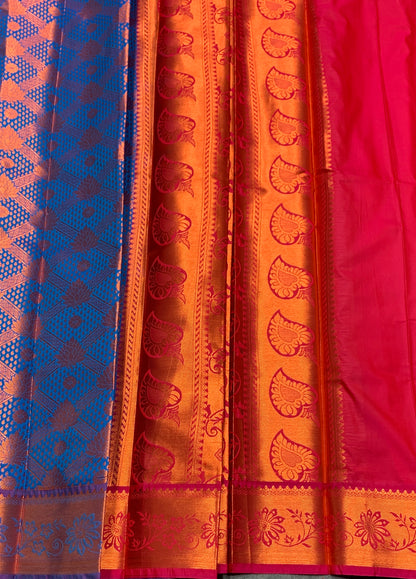 Vegan Silk Saree Blue Colour with Pink and Copper Border