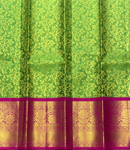 Parrot Green Shade Pure Kanchipuram Kids Pattu Pavadai with Contrast Border for Newborn to 2 Years