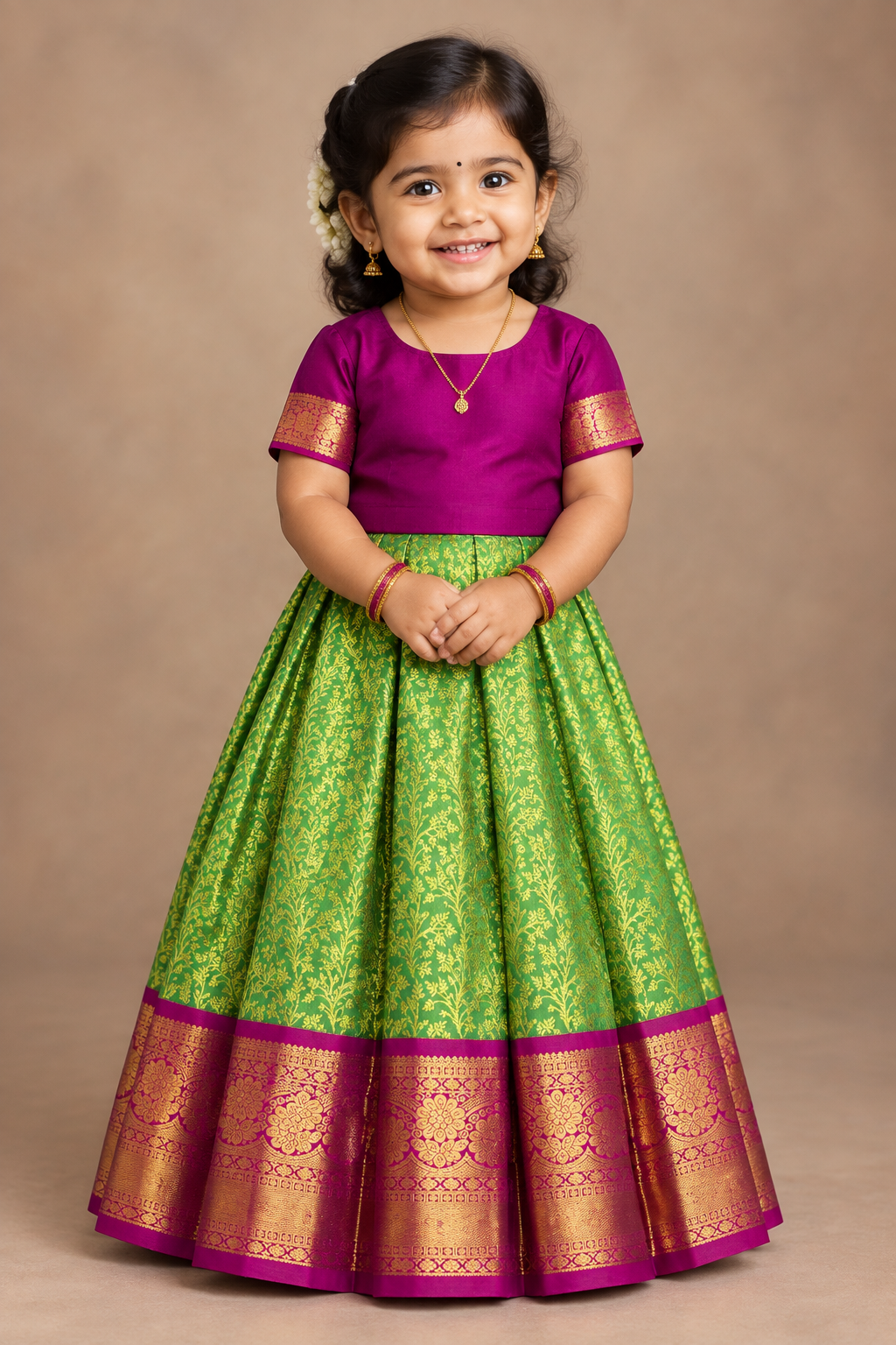 Parrot Green Shade Pure Kanchipuram Kids Pattu Pavadai with Contrast Border for Newborn to 2 Years