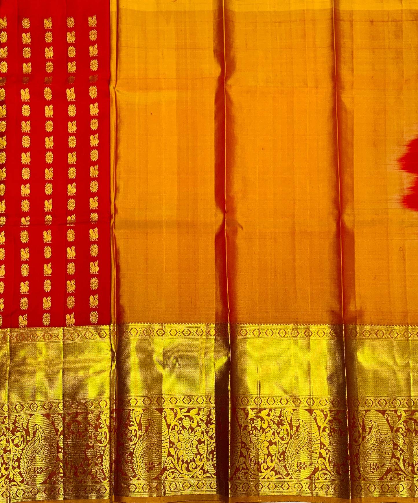 Red shade Pure Kanchipuram Kids Pattu Pavadai with contrast border for age 5 to 10