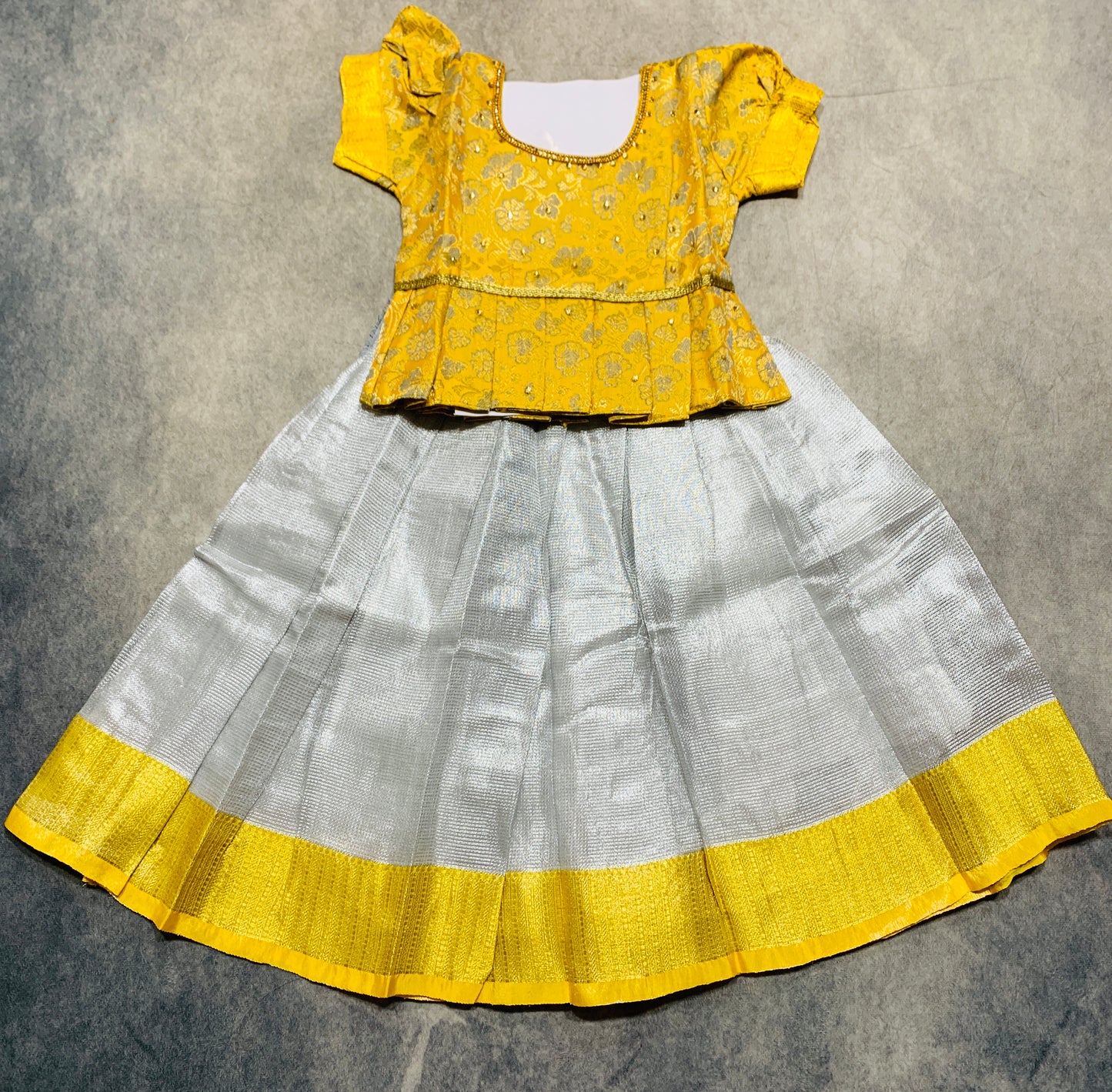 Ready To Wear Sliver Colour Pavadai with Contrast Yellow Blouse