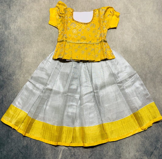 Ready To Wear Sliver Colour Pavadai with Contrast Yellow Blouse
