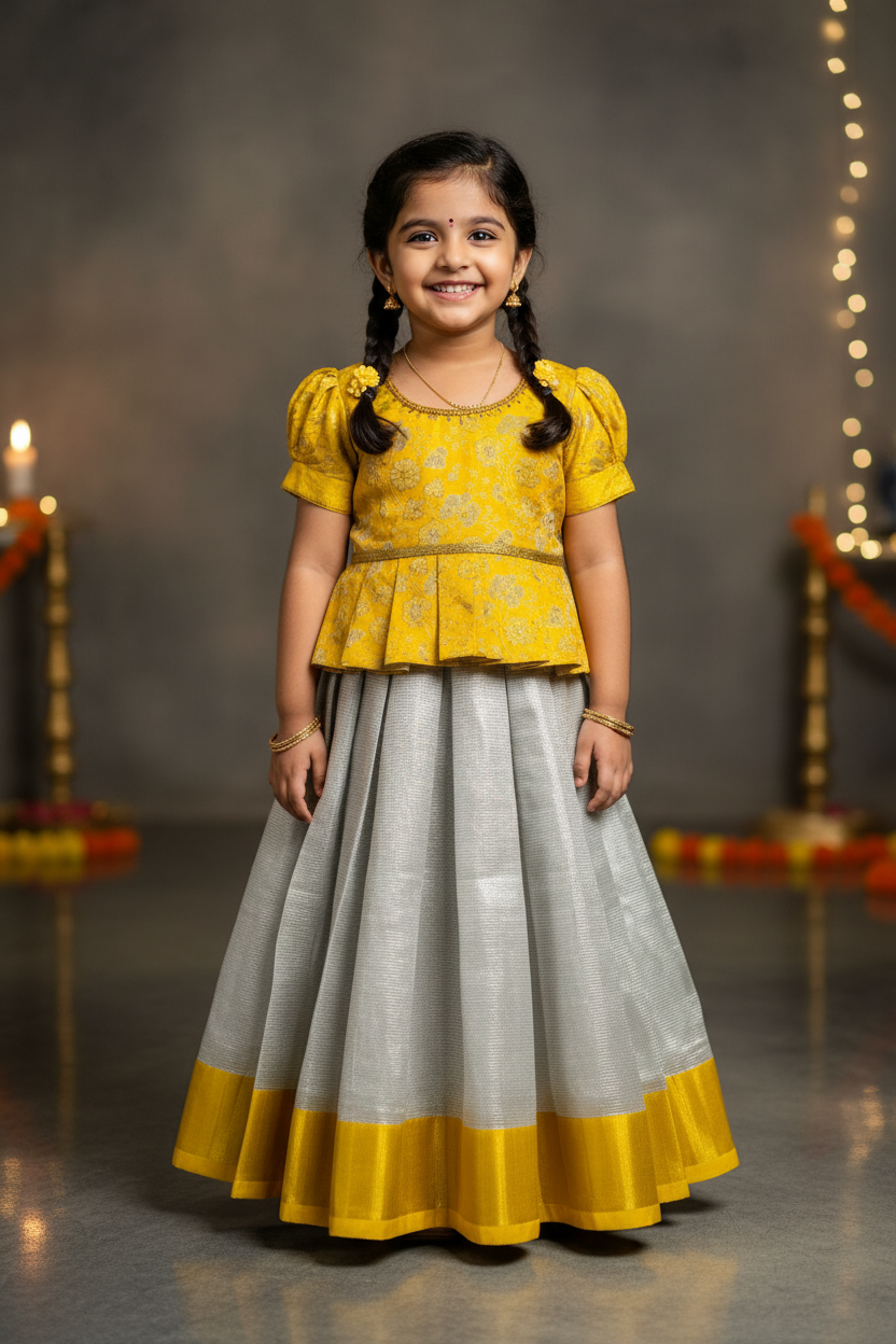 Ready To Wear Sliver Colour Pavadai with Contrast Yellow Blouse