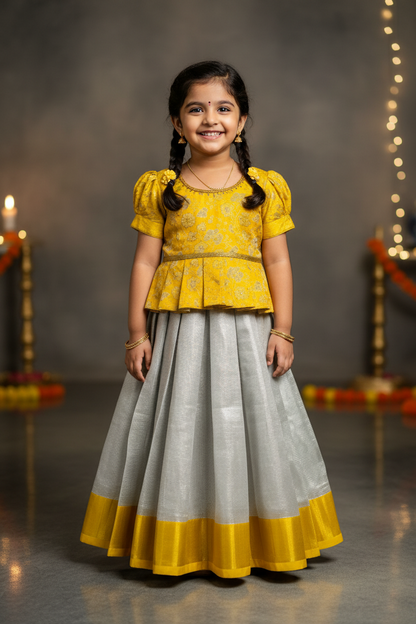 Ready To Wear Sliver Colour Pavadai with Contrast Yellow Blouse