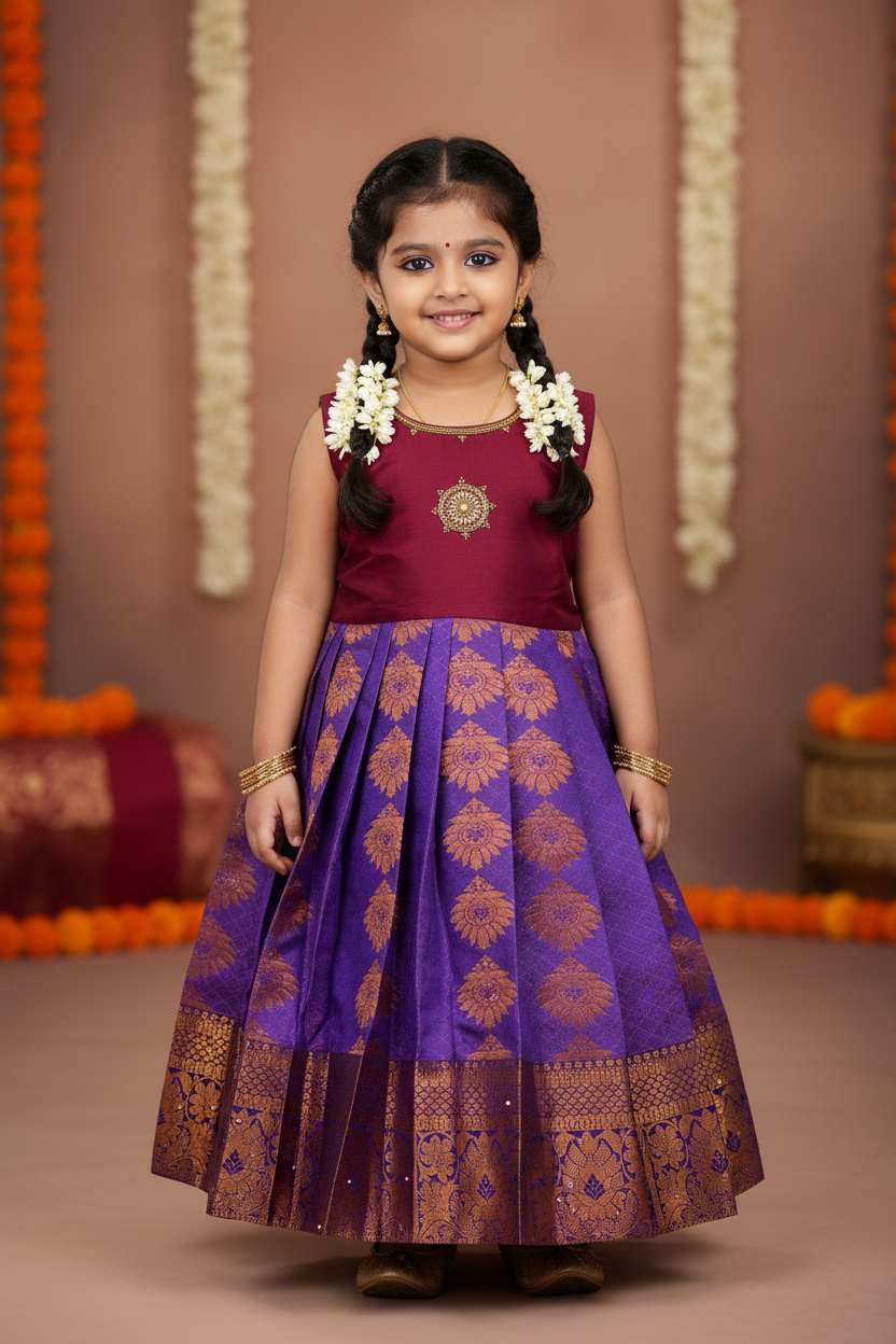 One Piece Ethnic Lehanga- Maroon & Lavender -2 Year Baby