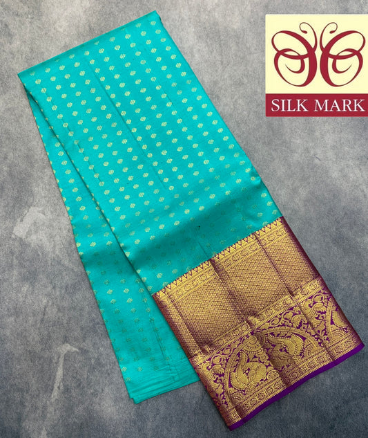 Sapphire Shade Pure Kanchipuram Kids Pattu Pavadai with Contrast Border for Age Above 10 Years