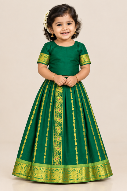 Emerald Green Shade Semi Silk Kids Pattu Pavadai with Contrast border for Age 2 to 5 Years