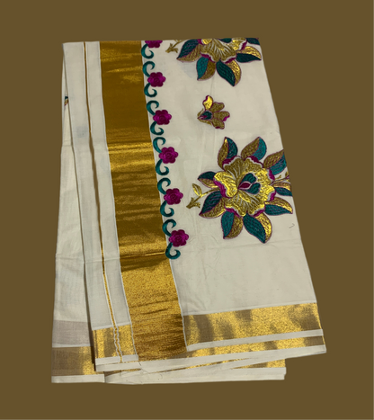 Kerala Cotton Saree Cream Colour with Zari Border