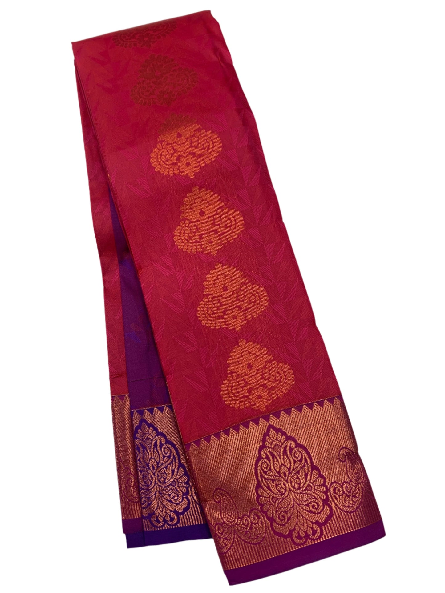 Vegan Silk Saree Pinkish Red Colour with Copper Border