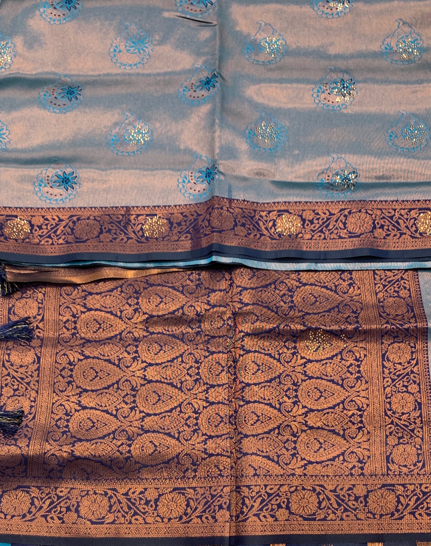 Art Silk Saree Sky Blue Colour and Stone Work with Navy Blue Border