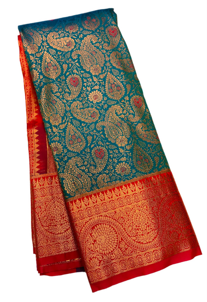 Vegan Silk Saree Blue shade with Pink Border