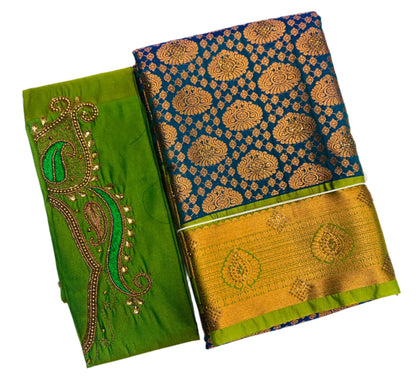 Bridal Vegan Silk Saree Peacock Blue shade with Green Border with Unstitched blouse in Aari work